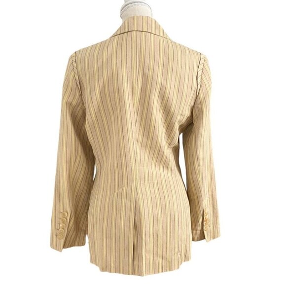 ESCADA LINEN BLEND BEIGE BLACK YELLOW STRIPED PEAK LAPEL MID-LENGTH BLAZER - 4 - Picture 3 of 12